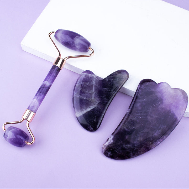 Kit Sorveil Jade & Gua Sha — Rolo e Raspador em Ametista Natural para Drenagem Facial