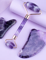 Kit Sorveil Jade & Gua Sha — Rolo e Raspador em Ametista Natural para Drenagem Facial