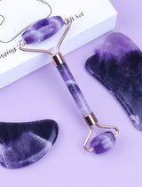 Kit Sorveil Jade & Gua Sha — Rolo e Raspador em Ametista Natural para Drenagem Facial